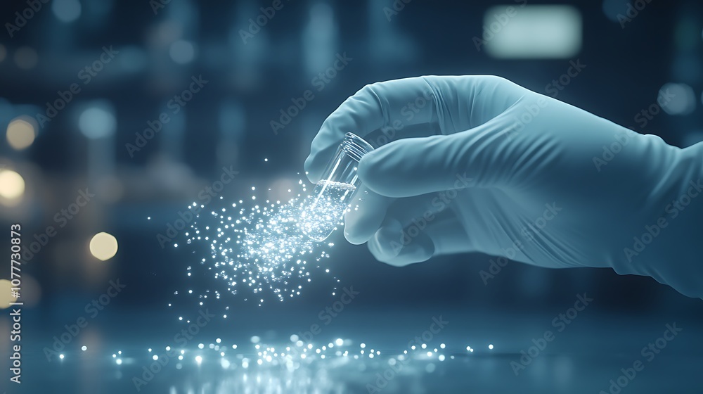 Poster A gloved hand releases sparkling particles from a small container in a laboratory setting, suggesting a scientific experiment or discovery.