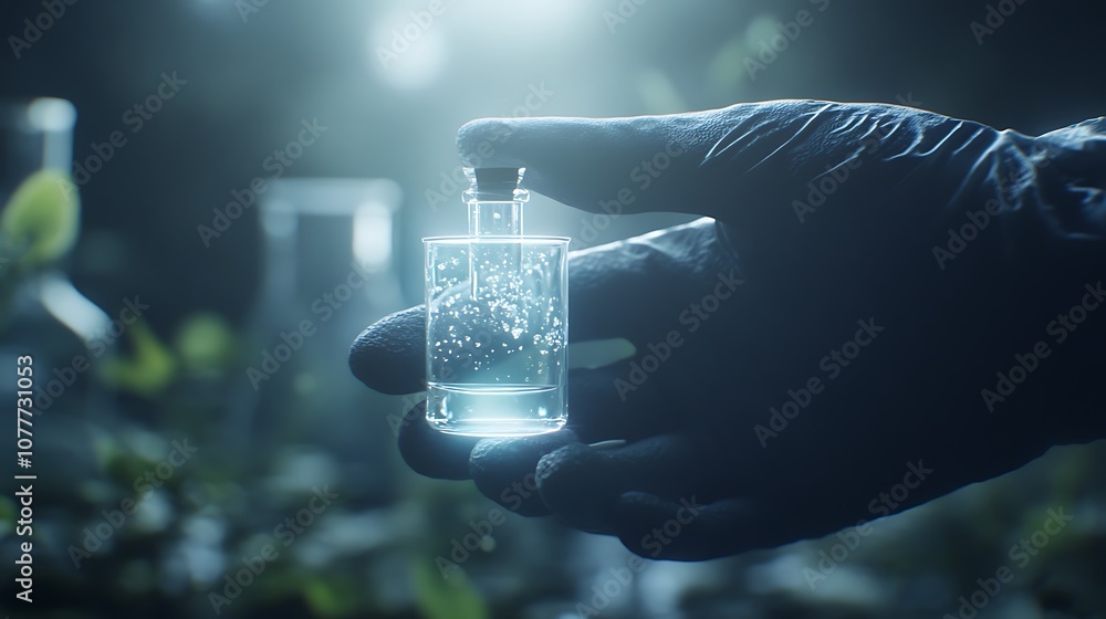 Poster A gloved hand holds a transparent flask with bubbling liquid, surrounded by a dimly lit lab setting filled with glassware and greenery.