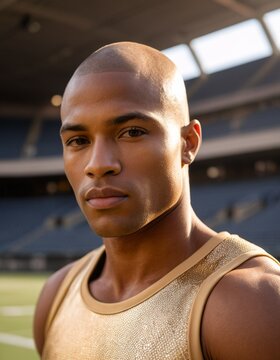 A man in a gold tank top stands in a stadium, gazing directly at the camera with a serious expression.