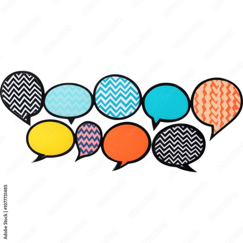 Poster a colorful arrangement of speech bubbles with diverse patterns, symbolizing communication and conver