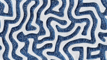 Blue and White Maze Pattern with Fine Lines and Curves on Fabric-Like Texture, Set Against a Plain Gray Background, Emphasizing Detail and Realism for Textile or Wallpaper Design