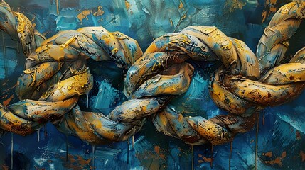 Abstract Gold and Blue Intertwined Forms: A Contemporary Canvas Painting