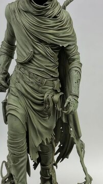 A close-up of a sculpted figure wearing a tattered robe and holding a staff
