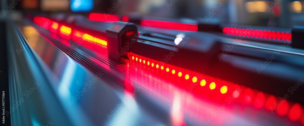 Poster close-up of a row of red led lights on a metal surface.