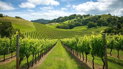 Fototapeta premium A picturesque vineyard with rolling hills and rows of grapevines.