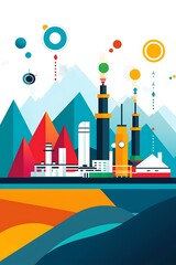 Obraz premium A colorful cityscape with a clock tower in the middle