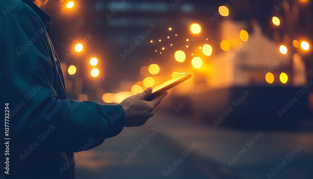 Poster a person is using a smartphone at night, with glowing light effects, creating a magical ambiance in 
