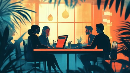 Silhouettes of four colleagues working together in an office.