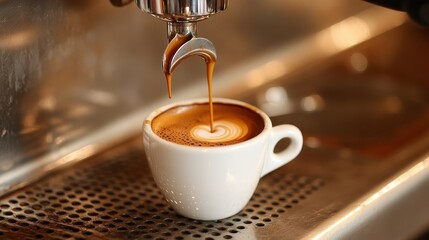 Close-up of Espresso Being Poured from Espresso Machine into White Cup, High-Resolution, Detailed Shot of Coffee Process with Rich, Dark Liquid Flowing