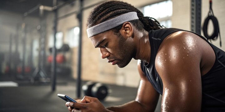 A sweaty athlete pauses midworkout glancing down at a small device in their hand with focused determination on their expression.