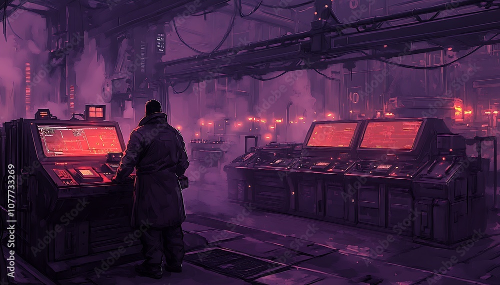 Poster a mysterious operator stands before glowing controls in a futuristic, industrial setting shrouded in