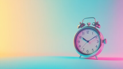 A silver alarm clock with black hands sits on a blue and pink gradient surface. The clock face is white with black numbers. The background is a light gradient of yellow, blue, and pink.