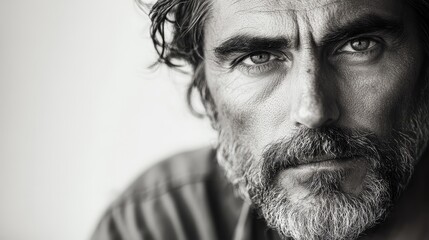 Obraz premium Black and White Portrait of a Man in His 30s with White Background, Capturing Raw, Unfiltered Expression and Character in Monochrome Style