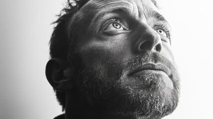 Fototapeta premium Black and White Portrait of a Man in His 30s with White Background, Capturing Raw, Unfiltered Expression and Character in Monochrome Style
