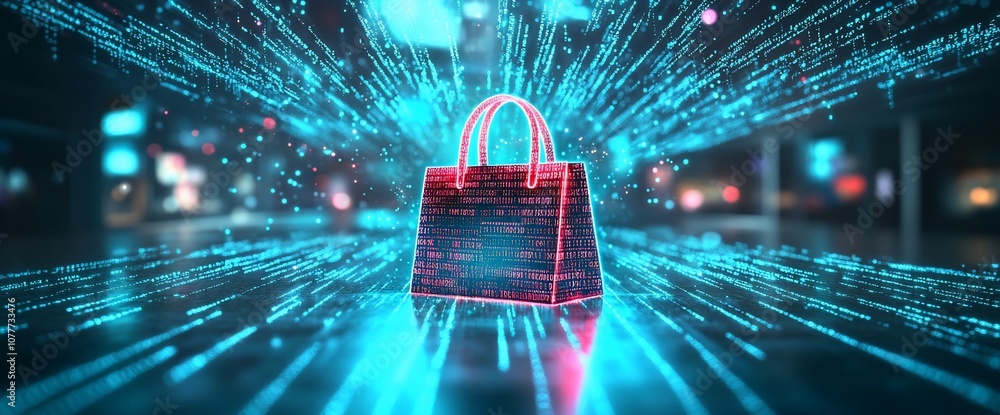 Poster digital shopping bag with glowing lines and a blurred background.