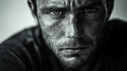 Black and White Portrait of a Man in His 30s with White Background, Capturing Raw, Unfiltered Expression and Character in Monochrome Style