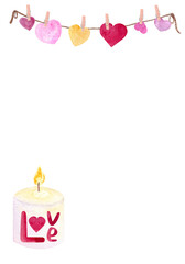 White burning candle with hand written word love and a heart decoration above vertical watercolor card isolated on white. Perfect for St Valentine cards, romantic invitations decor and design