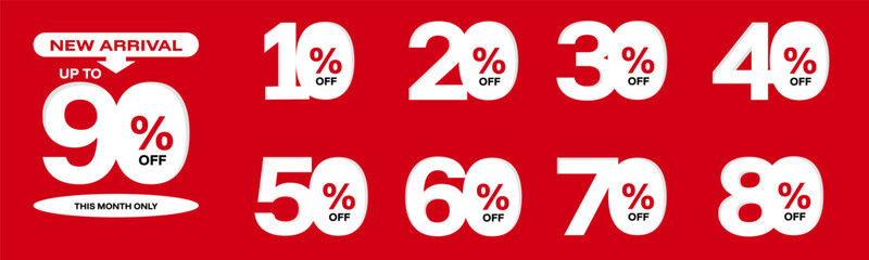 10%, 20%, 30%, 40%, 50%, 60%, 70%, 80%, 90% Discount. Sale tags set vector badges template. Sale offer price sign. Special offer symbol. Discount promotion. Discount badge shape. Vector design