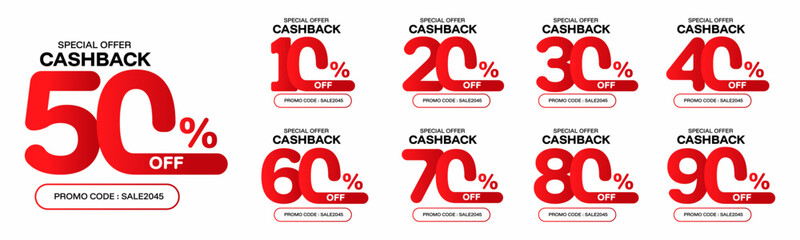 Cashback banner design concept for saving and refund money. 10%, 20%, 30%, 40%, 50%, 60%, 70%, 80%, 90%. Sale tags set vector badges template. Cashback promotion. Discount badge shape. Vector design