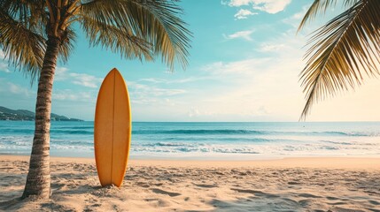 A yellow surfboard leans against a palm tree on a sandy beach, the ocean and sky in the background.