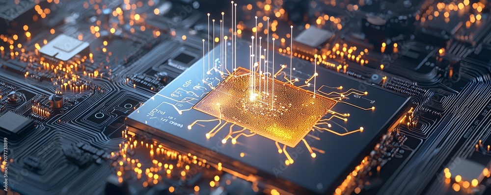 Poster glowing circuit board with cpu.