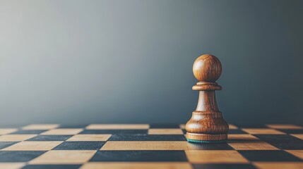 A single wooden chess pawn stands on a chessboard against a gray background.