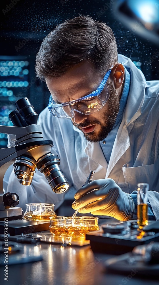 Aufkleber scientist in lab using microscope and chemicals.