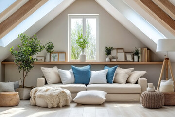 Scandinavian home interior design living room in attic with lining ceiling
