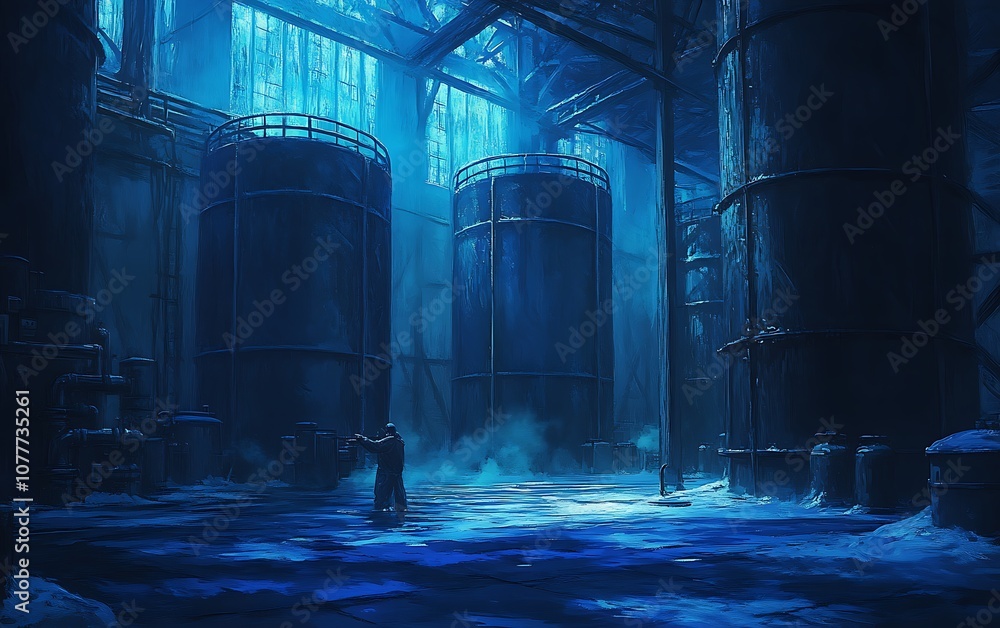 Aufkleber a mysterious, dimly lit industrial space featuring large tanks, illuminated by blue light and fog, c