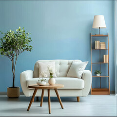 armchair sofa Book shelf and blue wall. Scandinavian home interior design of modern living room