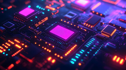 Obraz premium Abstract 3D Illustration of a Circuit Board with Neon Lights