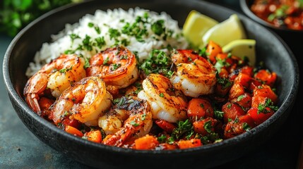 Fototapeta premium Grilled shrimp with rice and vegetables in a black bowl.