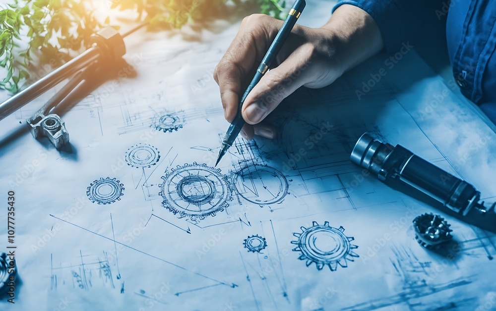 Poster a hand sketches gear designs on a blueprint, highlighting creativity and engineering concepts amidst