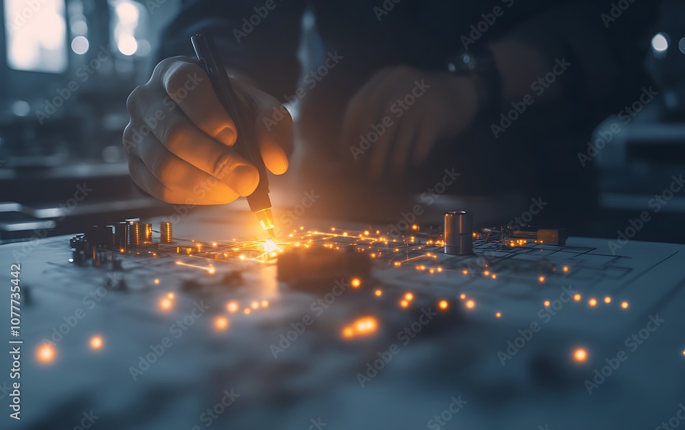 Aufkleber A focused hand soldering components on a circuit board, emitting sparks, representing precision in electronics and craftsmanship.