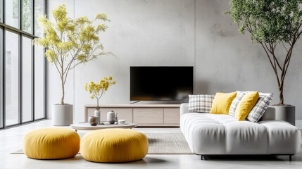 Loft interior design of modern living room with grey sofa and yellow pillows