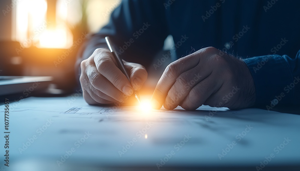Aufkleber a person draws on paper, creating sparks of light with their pen, in a dimly lit environment that en