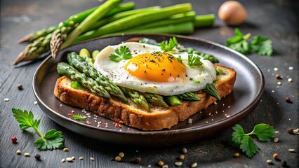 A single fried egg with a golden yolk sits atop a bed of fresh asparagus spears resting on a piece of toasted bread, a simple yet satisfying culinary creation.