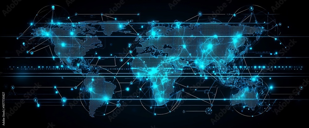 Poster Global network connection with glowing blue lines and dots on a world map.