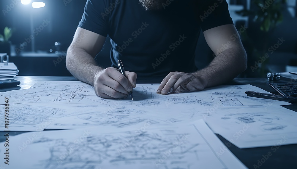 Aufkleber A focused individual sketches detailed plans on paper, surrounded by various documents and illuminated by soft lighting.