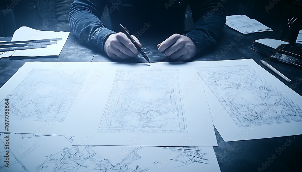 Poster A close-up of a person's hands sketching intricate designs on sheets of paper, surrounded by drawing tools in a dimly lit setting.