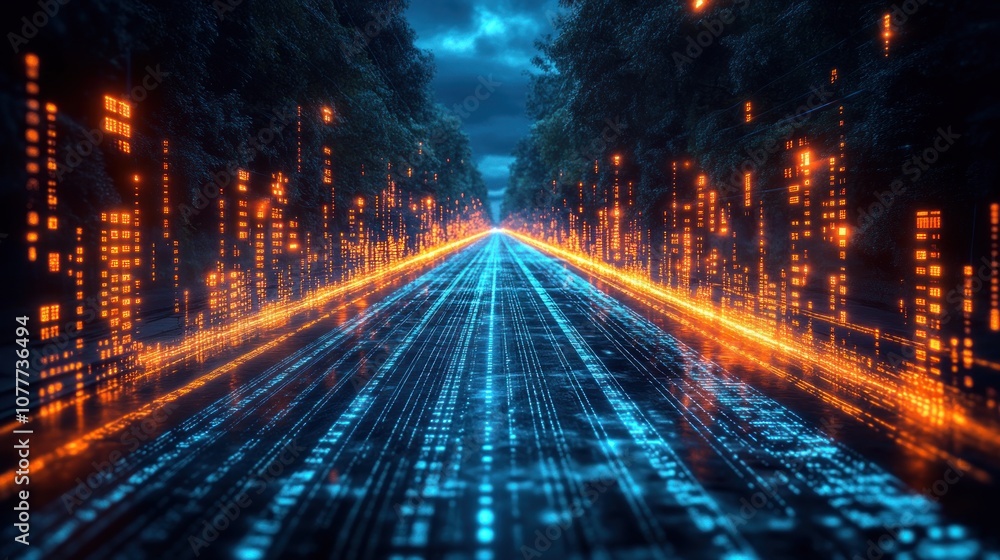 Poster futuristic digital landscape with glowing data streams.