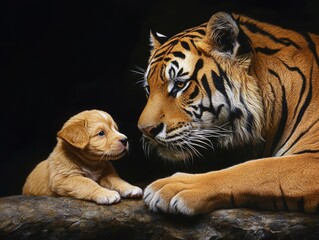 Fototapeta premium A tiger and a puppy share a tender moment, showcasing a bond between different species.