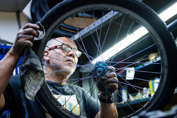 Concentrated mechanic man with some eyeglasses fixing bike wheel on work desk in bikeshop