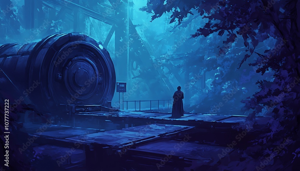Poster a mysterious figure stands near a futuristic structure enveloped by dense, glowing foliage, creating