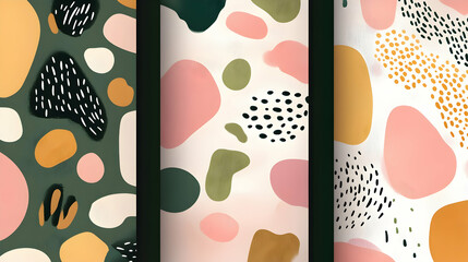 Set of three abstract seamless patterns with hand drawn organic shapes in muted colors.