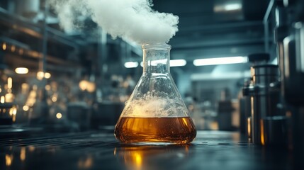 Close-up of Chemistry Flask with Bubbling Liquid and Smoke, Set in a Laboratory with Dramatic Lighting and Dark Background, Scientific Experiment Concept