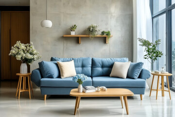 sofa against concrete wall. Scandinavian loft home interior design living room