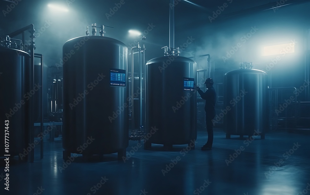 Poster a dimly lit industrial space with large metallic tanks and a person interacting with a digital displ
