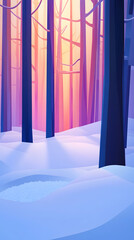 Sun rays illuminate a snowy forest landscape, creating a magical, wintry scene.