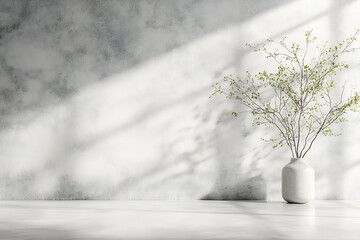 Minimalistic Zen Decor with White Ceramic Vase Casting Shadows on Sunlit Wall : Generative AI